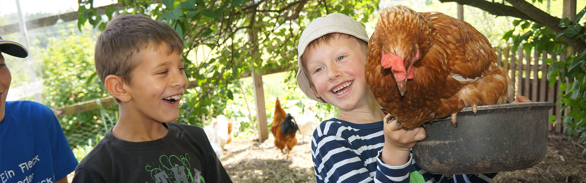 Schule am Bauernhof - Kinder mit Hühnern